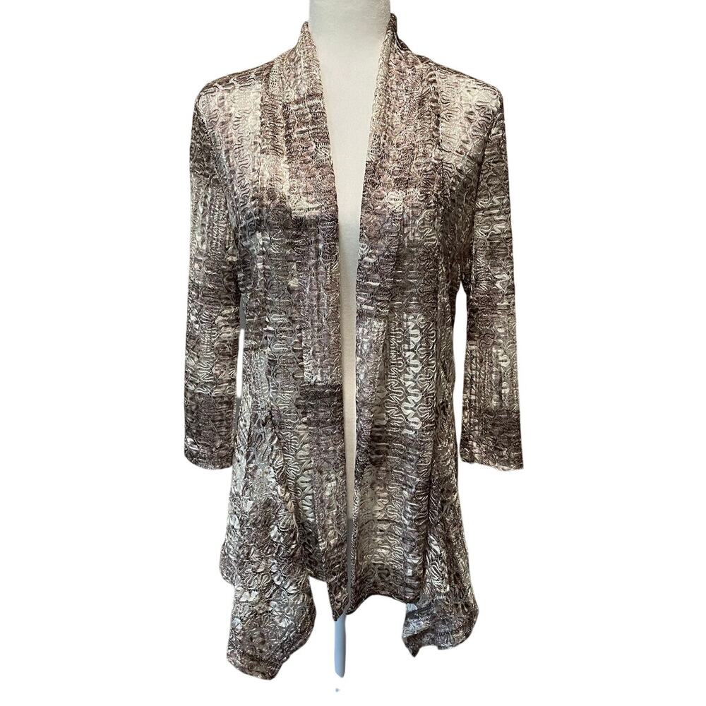 Chico’s Easywear Open Weave Cardigan Sz M Open Front Beige Cream Lagenlook